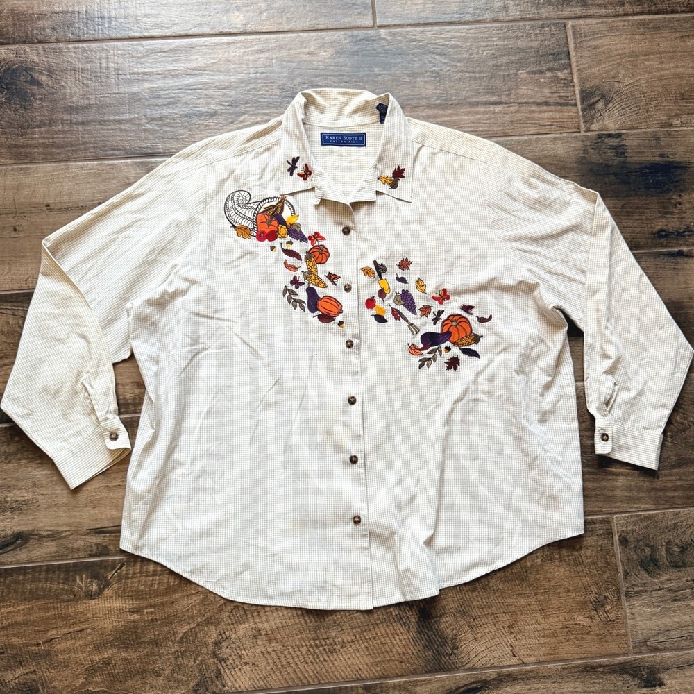 Karen Scott II Cottagecore Fall Gingham Embroidered Button Down Shirt, Tan, 2X